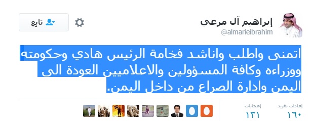 المحلل السعودي آل مرعي : يناشد الرئيس اليمني ونائبه وكافة المسؤولين العودة إلى اليمن , وهذا هو السبب !