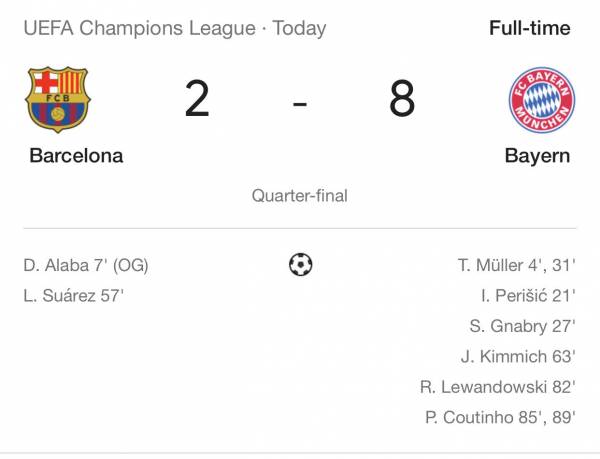 في ليلة تاريخية.. بايرن ميونخ يسحق برشلونة بثمانية (8) أهداف مقابل هدفين ويتأهل إلى نصف نهائي الابطال
